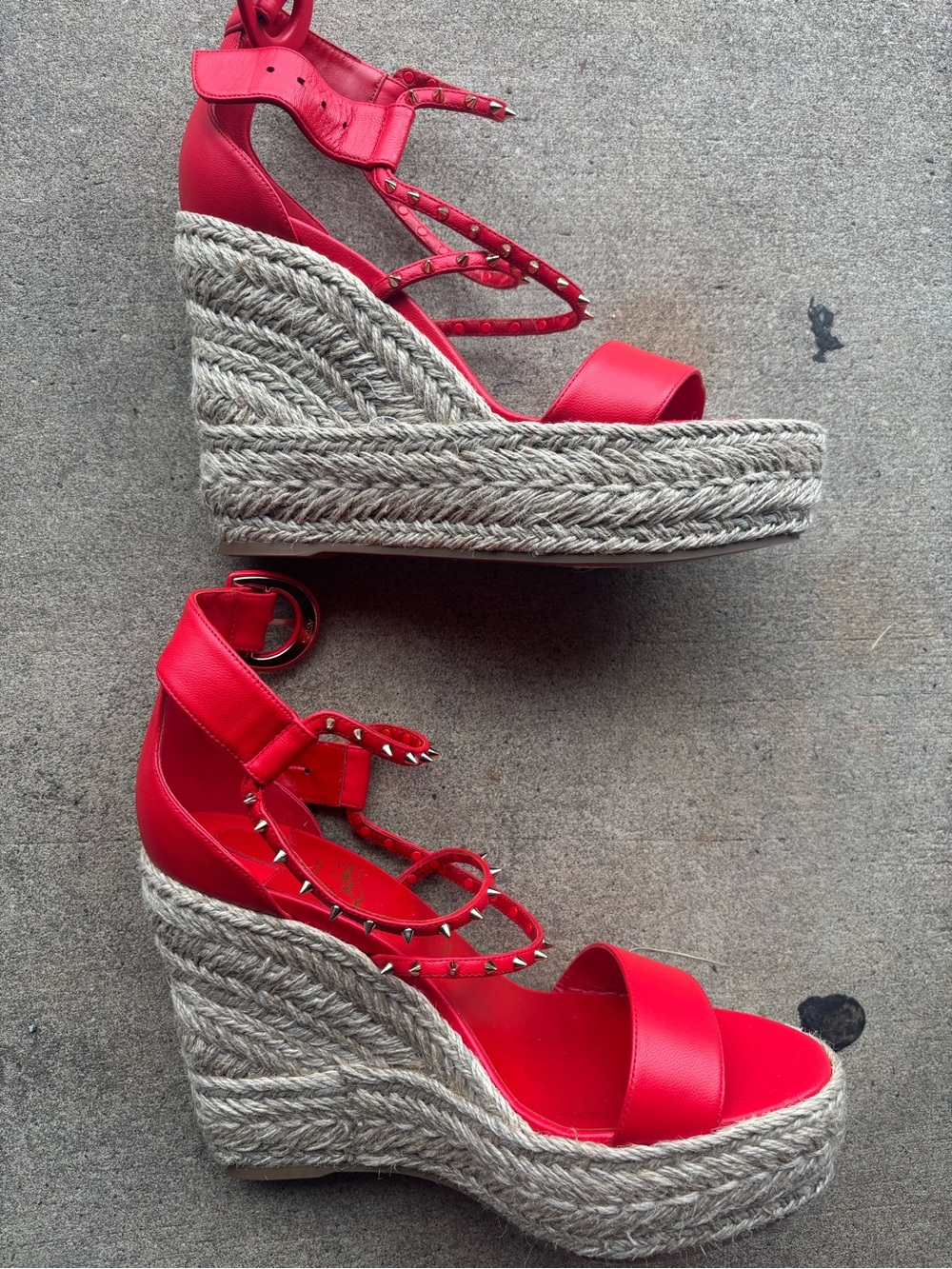Christian Louboutin Red Studded Espadrille Wedge Sandals